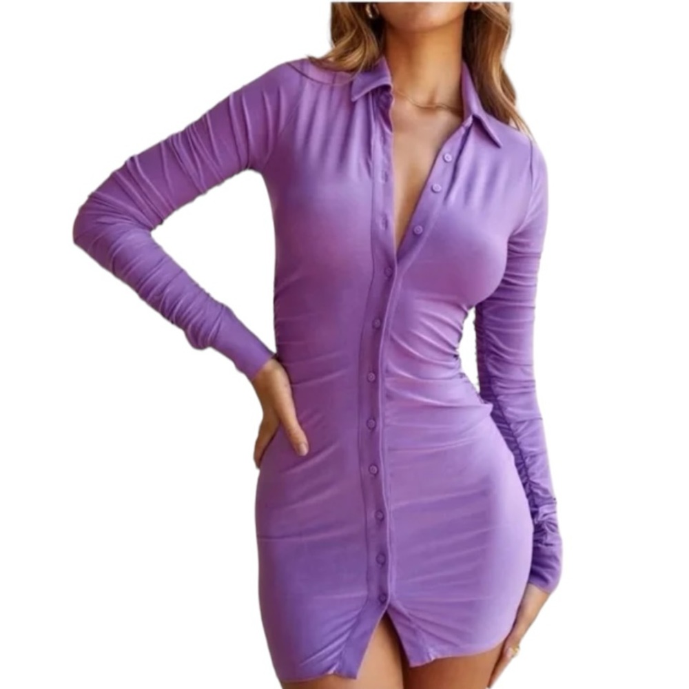 House of CB Martinique Button Front Jersey Knit Mini Shirt Dress - Purple -Small